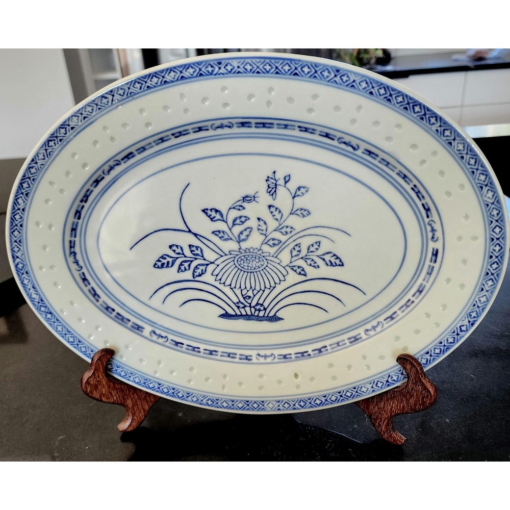 Vintage Jingdezhen Blue White Porcelain Rice Grain Floral Serving Platter China